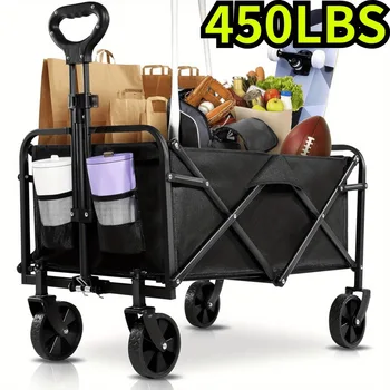 [Heavy Duty] Folding Wagon Cart | Heavy Duty | 360°All Terrain Wheels, Side Pockets, Large Capacity Collapsible | For Camping, 1