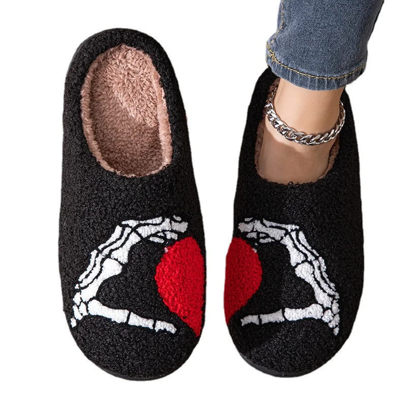 Couples Home Slippers Skull Hand Love Heart Valentine's Day Gift Winter Warmy Cotton Shoes Non Slip Fluffy Comfy Shoes Gift 6