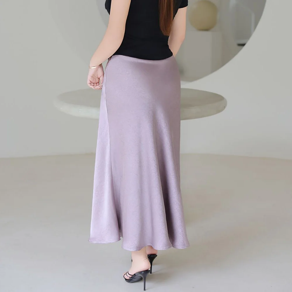 Lustrous Elegant Plus Size Women's Skirt French Style Premium Faux Acetate Satin Mermaid Hem High Waist Midi Skirt With Glossy