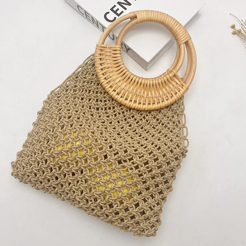 Rope Crochet Fishing Net Handbags Round Wicker Handle Beach Bag Handmade Knitting Woven Bags for Women Hollow Mesh Straw Bag New