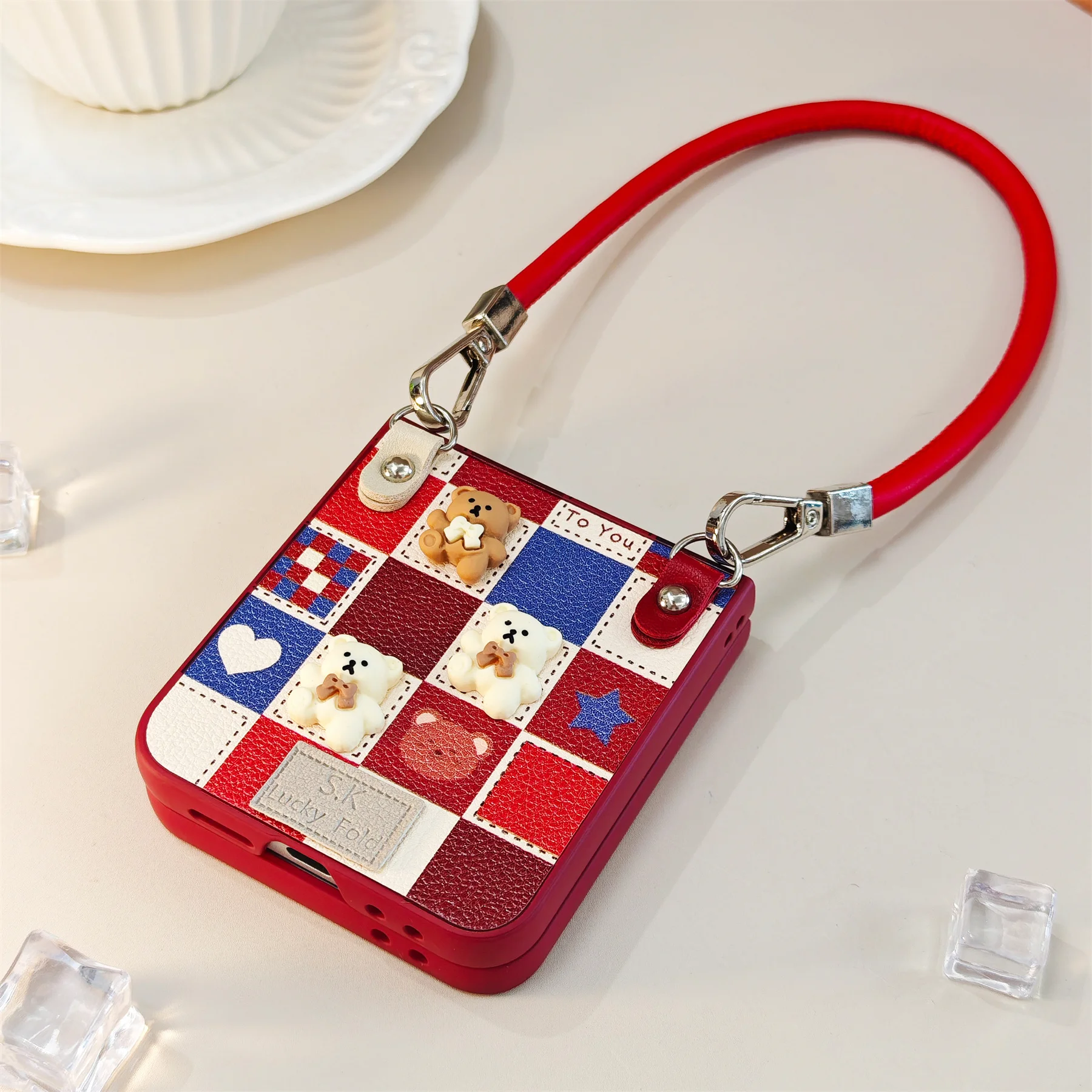 Korean Cute Bear Lattice Wine Red Rope Phone Case – Stylish Back Cover