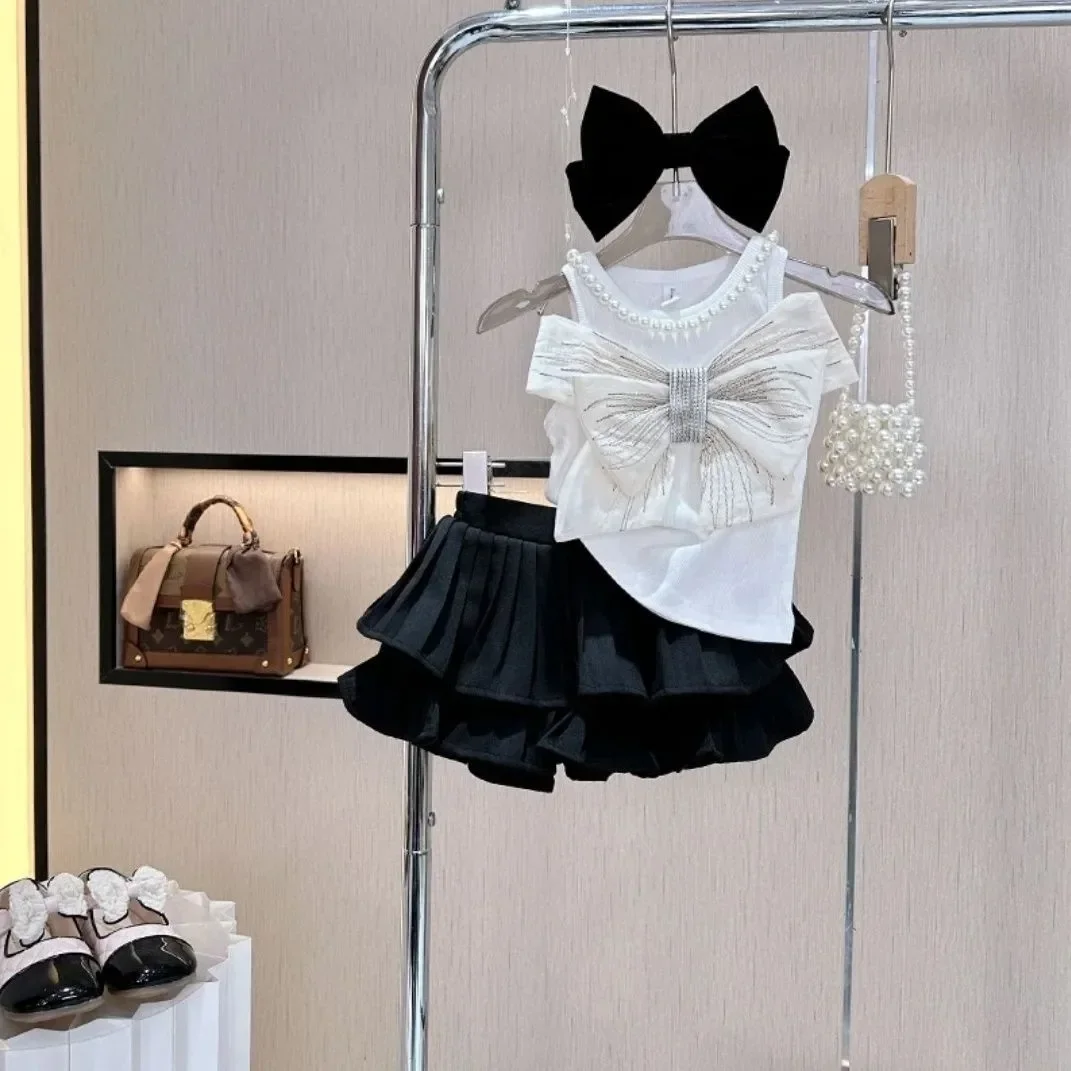 2023 Baby Girls Summer Clothing Set Big Bow Vest Shirts+cake Skirts,elegant Girl Kids Birthday Princess Suits Children Clothes