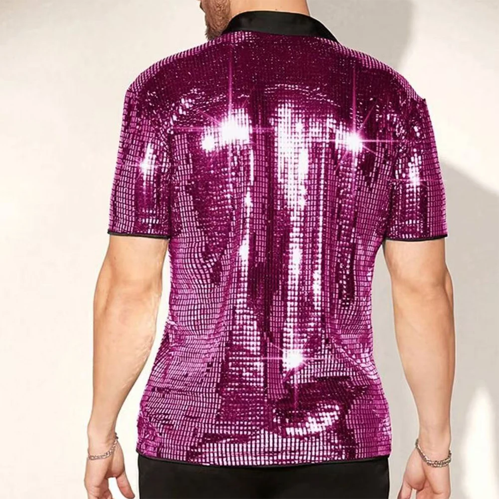 Herren Vintage 70er Disco Club Hemd Glänzende Pailletten Kurzarm Button-Down-Hemd – Detail 9