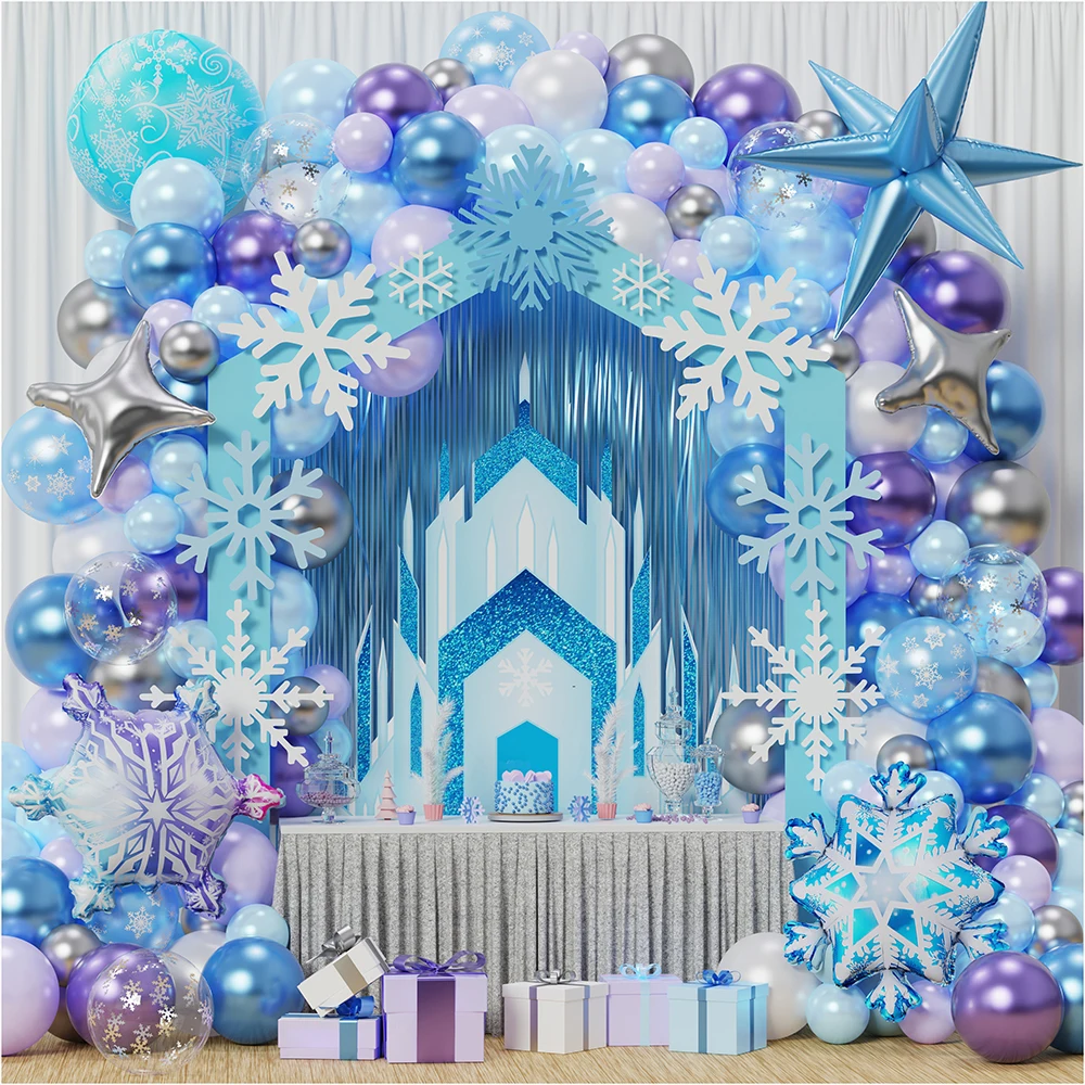 

Christmas Snowflake Balloon Garland Arch Metallic Blue White and Silver Latex Balloons for Frozen Winter Wonderland Party Decor