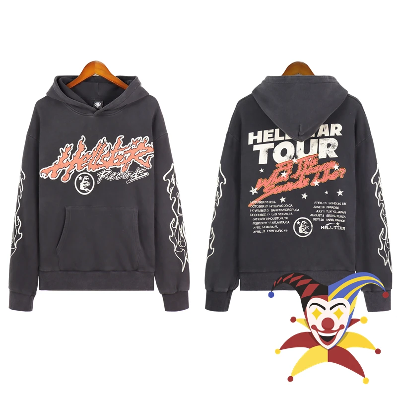 

Washed Hellstar Flame Print Hoodie Men Women Vintage Sweatshirts Oversize Pullovers Hooded