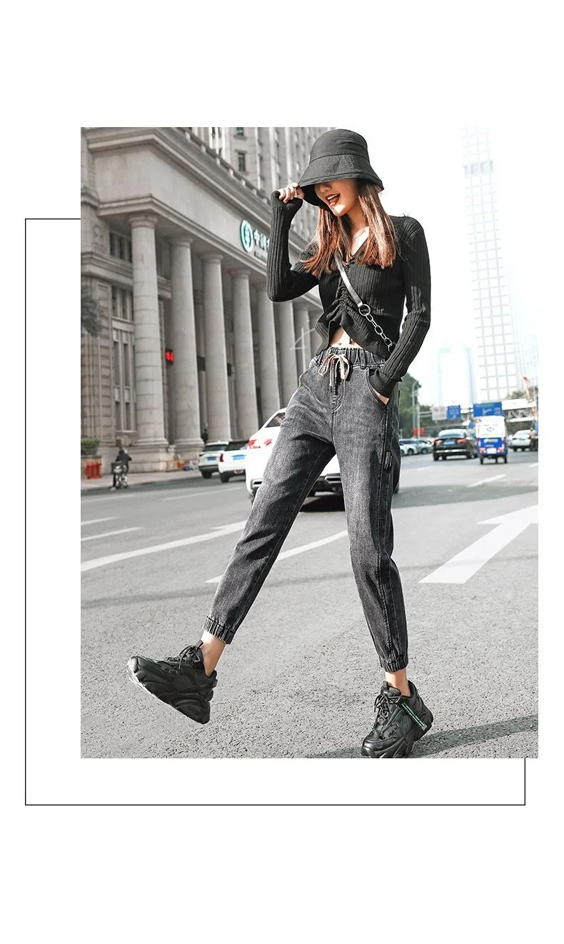 Damen lose Harem Jeans elastische Taille 2024 Frühling Herbst koreanischen Stil hohe Taille gerade kurz geschnittene Harems hose schwarz hellblau – Detail 13