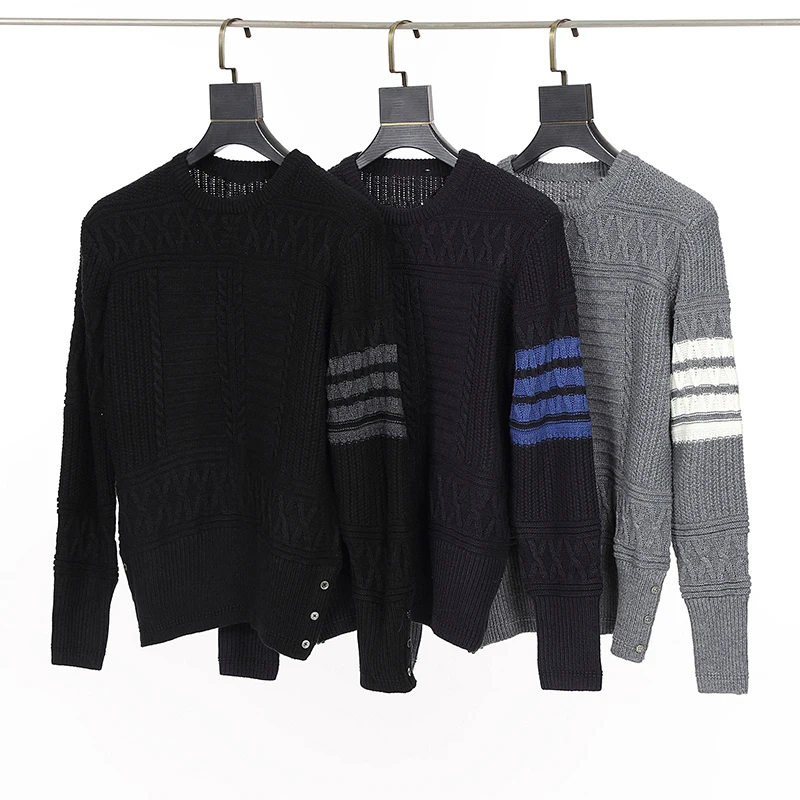 

TB THOM Sweaters Men's Winter Top Quality Keep Warm Round Neck Knitwear Fashion Brand Casual 4-Bar Striped TB Pullovers