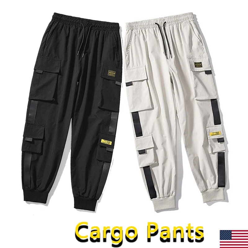 

Men Ribbons Block Black Pocket Cargo Pants Harem Joggers Harajuku Sweatpant Hip Hop Tactical Trousers