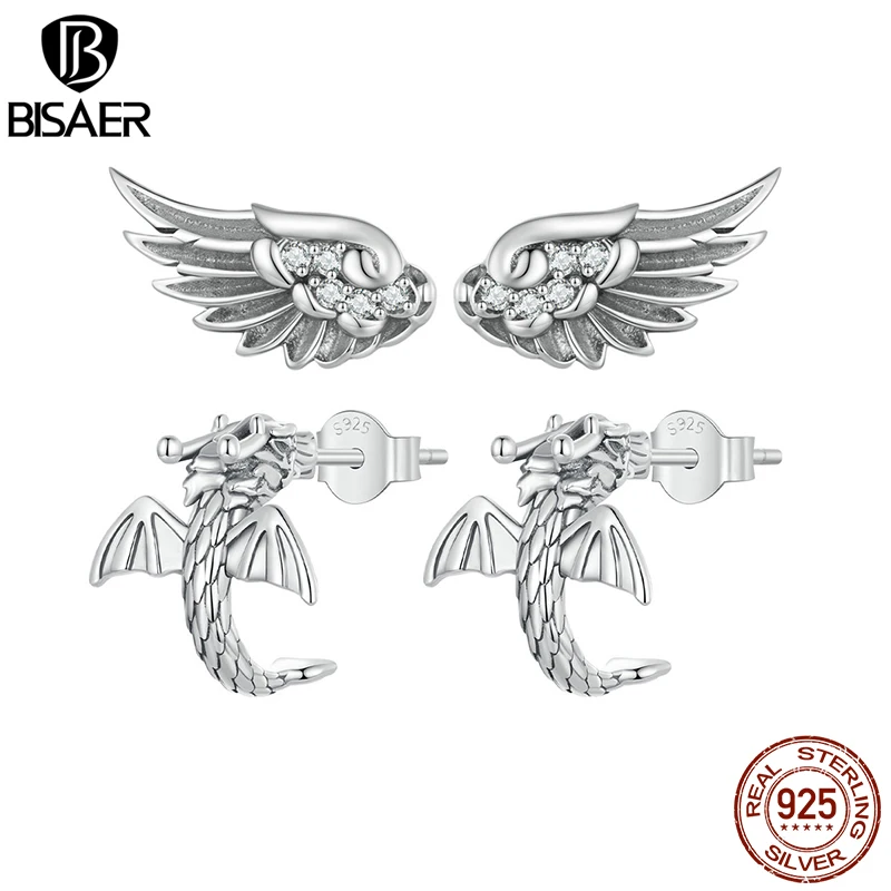 Bisaer 100% 925 Sterling Silver Vintage Angel Wing Stud Orecchini Flying Dragon Orecchino Per Le Donne Party Fine Jewelry Ece1734