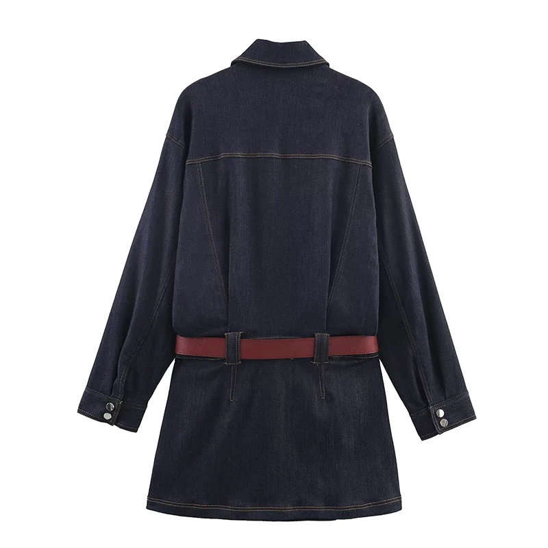 Women Blue Denim Dress 2025 New Fashion Long Sleeve With Belt Women's Dresses Winter Clother High Street Casual Short Dress