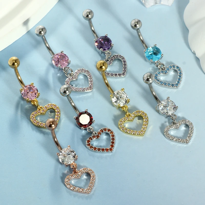 wholesales body piercing belly button rings 14G Heart dangle Navel Piercings For women 7 color choose
