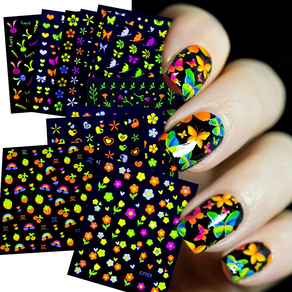 24Sheets Summer Luminous Floral Pattern Nail Art Sticker 3D Nail Flowers Butterfly Nail Stickers Glow in The Dark DIY Stickers #