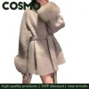 Cosmo Winter New Loose Fit Lazy Style Chic Fashion V-neck blend Coat for Women Wide Sleeves Outwear Stripes Female Wool Coat 1