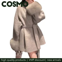 Cosmo Winter New Loose Fit Lazy Style Chic Fashion V-neck blend Coat for Women Wide Sleeves Outwear Stripes Female Wool Coat 1