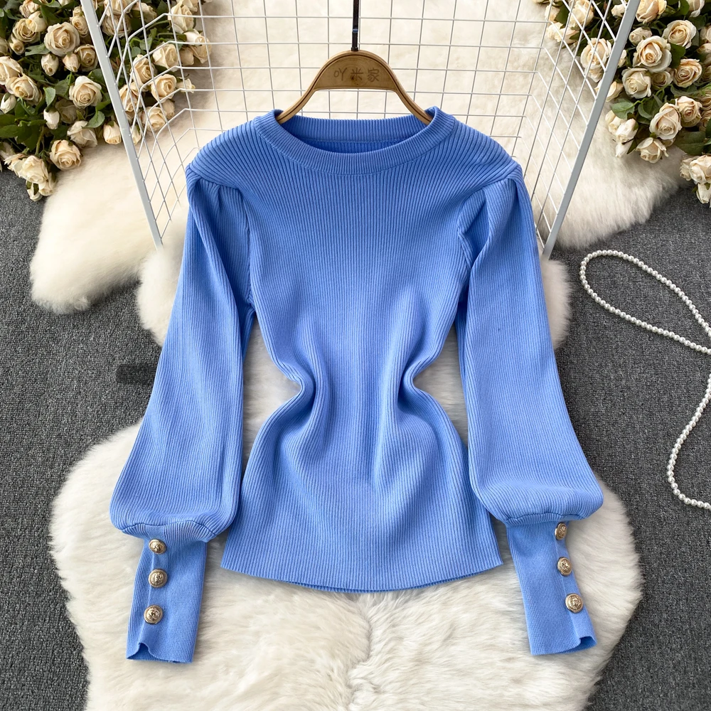 

Spring Autumn Solid Color Sweater Women O-Neck Lantern Sleeve Button Pullover Top Female Casual Fashion Bottom Knitwear