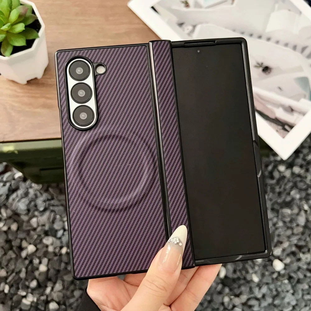 Luxury Carbon Fiber Magnetic Hinge Phone Case with Wireless Charging and Shockproof Bumper Cover