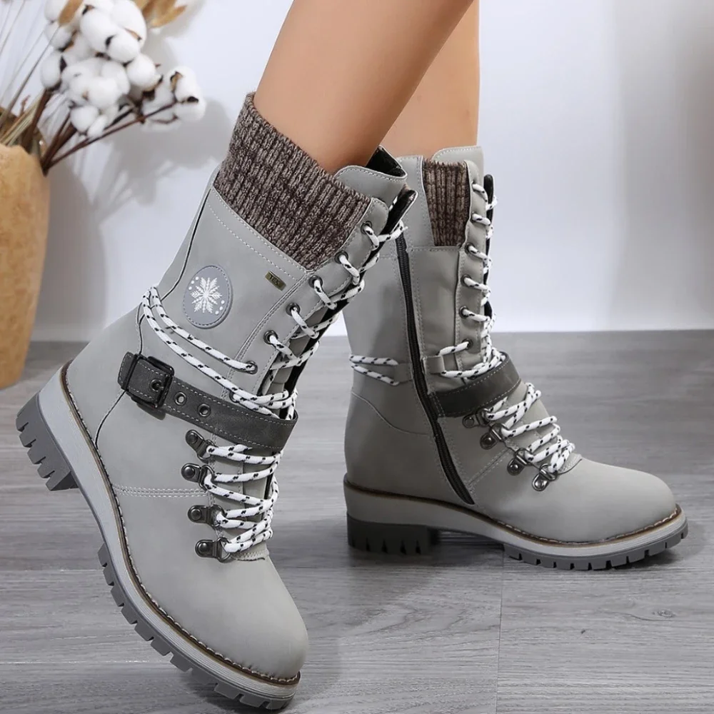 

Зимние теплые сапоги для женщин, вязаные сапоги средней длины на шнуровке, модная женская обувь на низком каблуке, женские сапоги в западном стиле Botas De Mujer