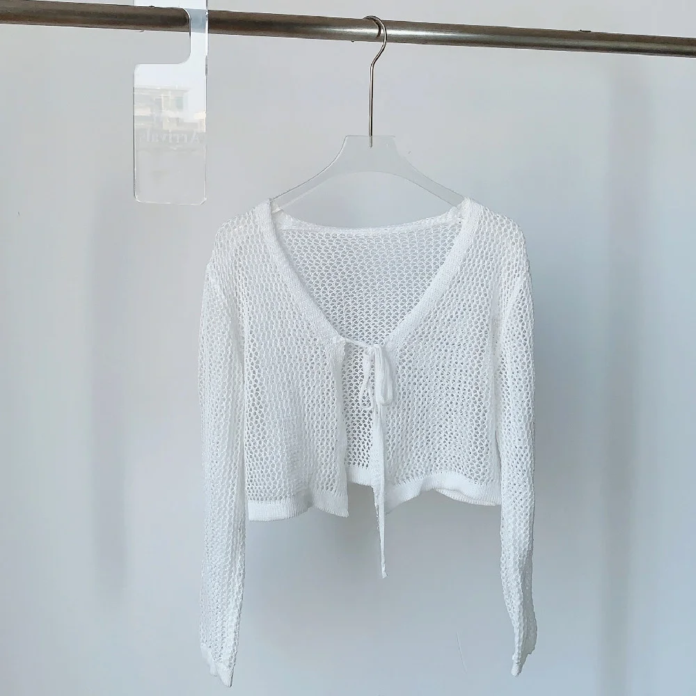 

Sarebon-Thin White Cardigan for Girls, Lantern Sleeve, Short Coat, Knitwear Top, Korean Style, Casual T Shirt, Bandage