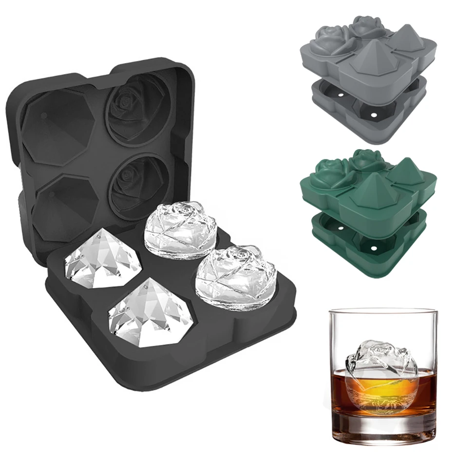 3D Rose Diamond Ice Cube Mold Silicone Jelly Chocolate Ice Mold Maker Large Ice  Cube Tray for Chilling whiskey Cocktail