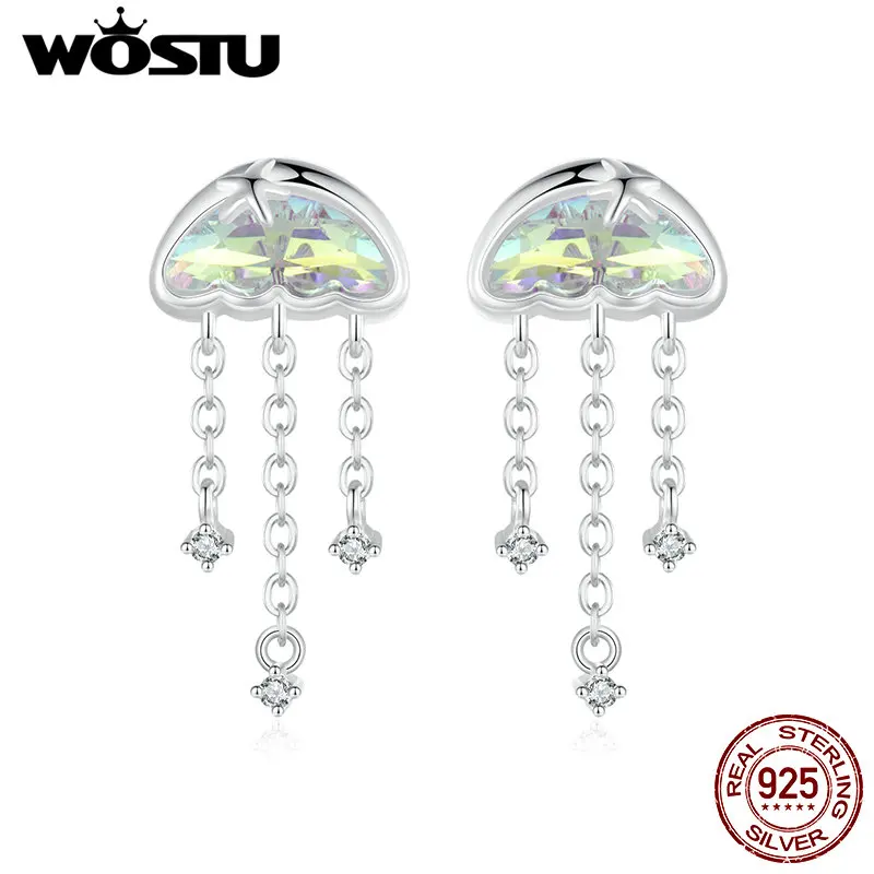 WOSTU 여성용 무지개 해파리 술 귀걸이, 925 스털링 실버, 여러 가지 빛깔의 크리스탈 샤이니 CZ 스테이테이션 드롭 귀걸이 스터드