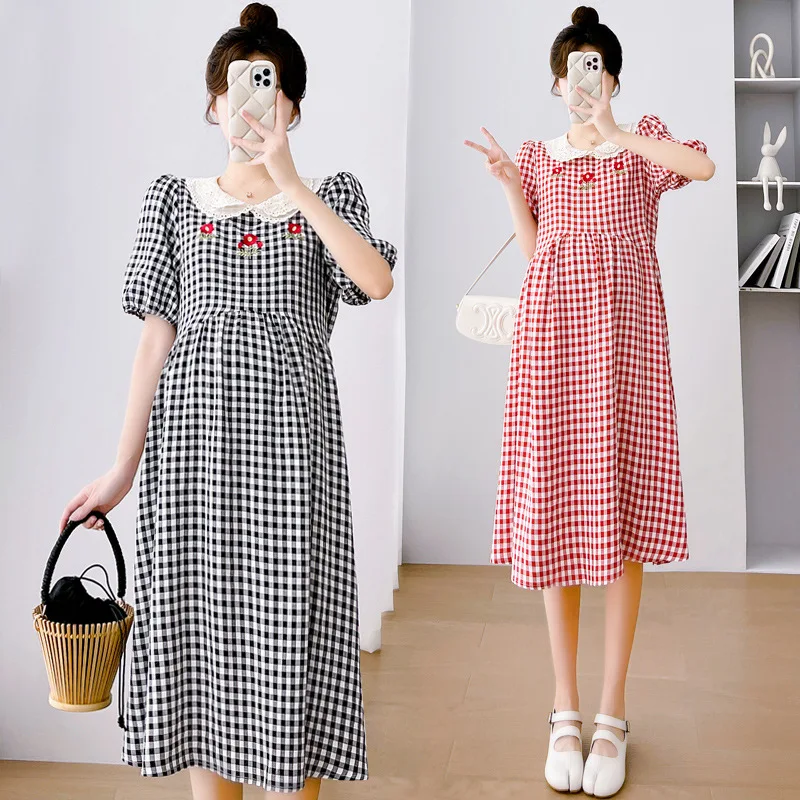 

Maternity Plaid Dresses for Pregnant Women 2024 New Lace Doll Collar Puff Sleeve Pregnancy Summer Clothes