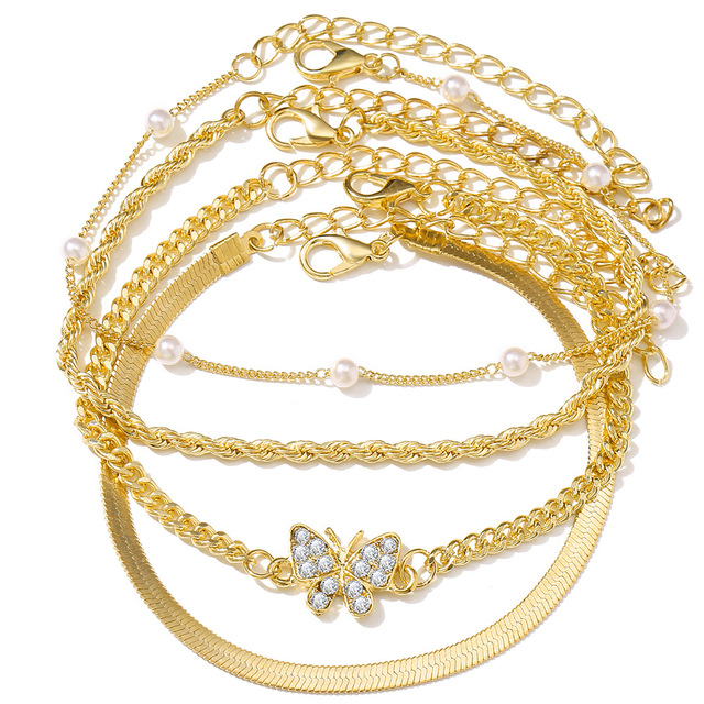 Fashion Accessories Butterfly Set with Diamond Claw Chain Creative Pearl Chain Foot Ensemble Female Gold Jewelry Gift