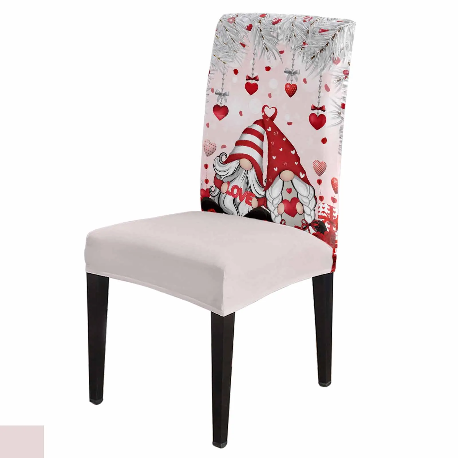 

Valentine'S Day Rose Love Gnome Chair Cover Set Kitchen Stretch Spandex Seat Slipcover Home Decor Dining Room Seat Cover