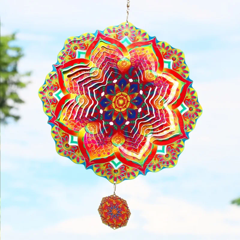Wind Spinner Mandala Hanging Decor for Outdoor Yard and Garden Kinetic Sculpture Metal 3d Flower Chime Ramadan Patio Ornaments 4