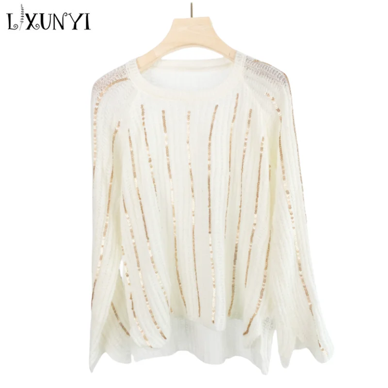 

Beige Asymmetric Pullover Sequins Sweater Female Long Sleeve Jerseys O Neck Loose Temperament Knitwears Tops Korean Fashion