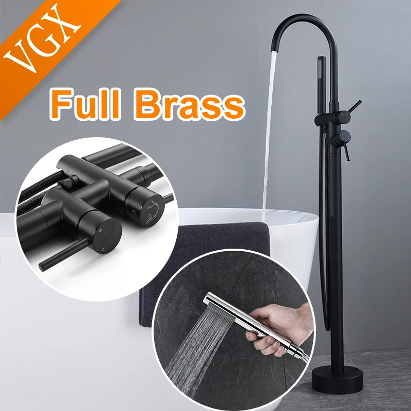 VGX Freestanding Bathtub Faucet Set Floor Standing Bath Mixer Brass Dual Handle Bathtub Tap For Bathroom Faucets Shower Mixer