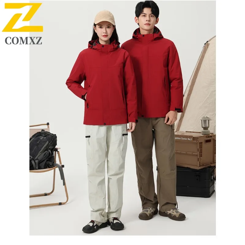 COMXZ Trench Coat Warm Removable Hood Outdoor Work Climbing Biker Jacket 2025 Camping Lightweight Wear Resistant Men's Outerwear