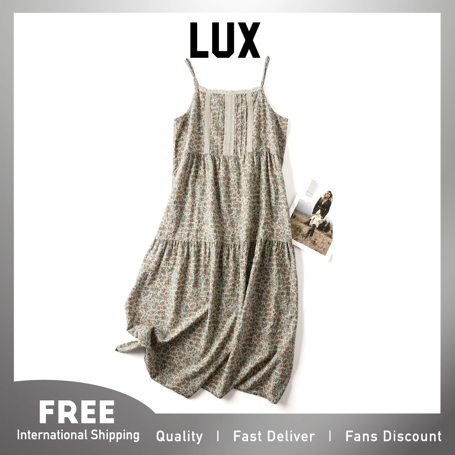 

Lux Trendy Fresh Style Fashion Thin Cotton Dress for Women Flower Print Strap Plated Dress for Summer Loose Fit Style