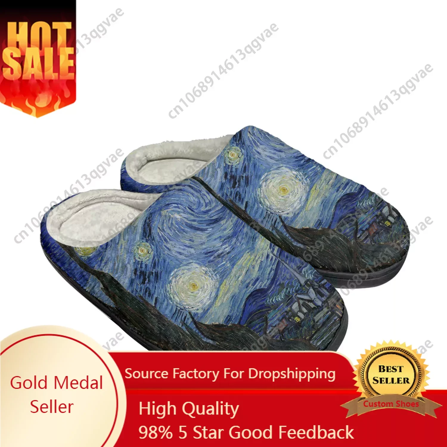 Van Gogh Oil Paint Starry Night Home Cotton Custom Slippers Mens Womens Sandals Plush Bedroom Keep Warm Shoes Thermal Slipper