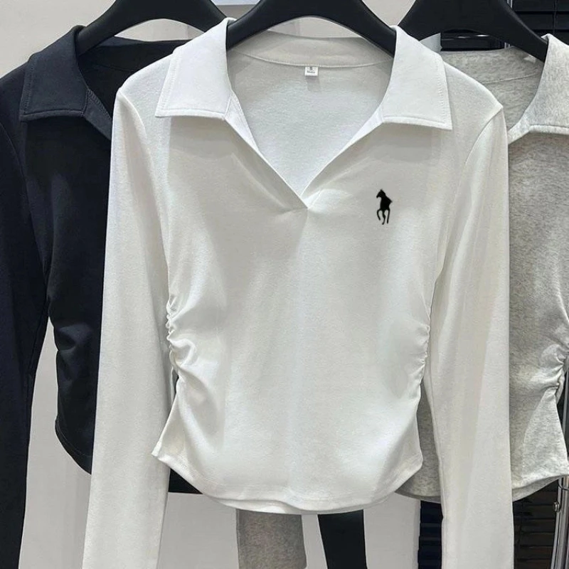 Polo Neck Embroidery Pleated Short Tops Spring Autumn Long Sleeve Slim All-match Casual T Shirts Fashion Vintage Women Clothing 2