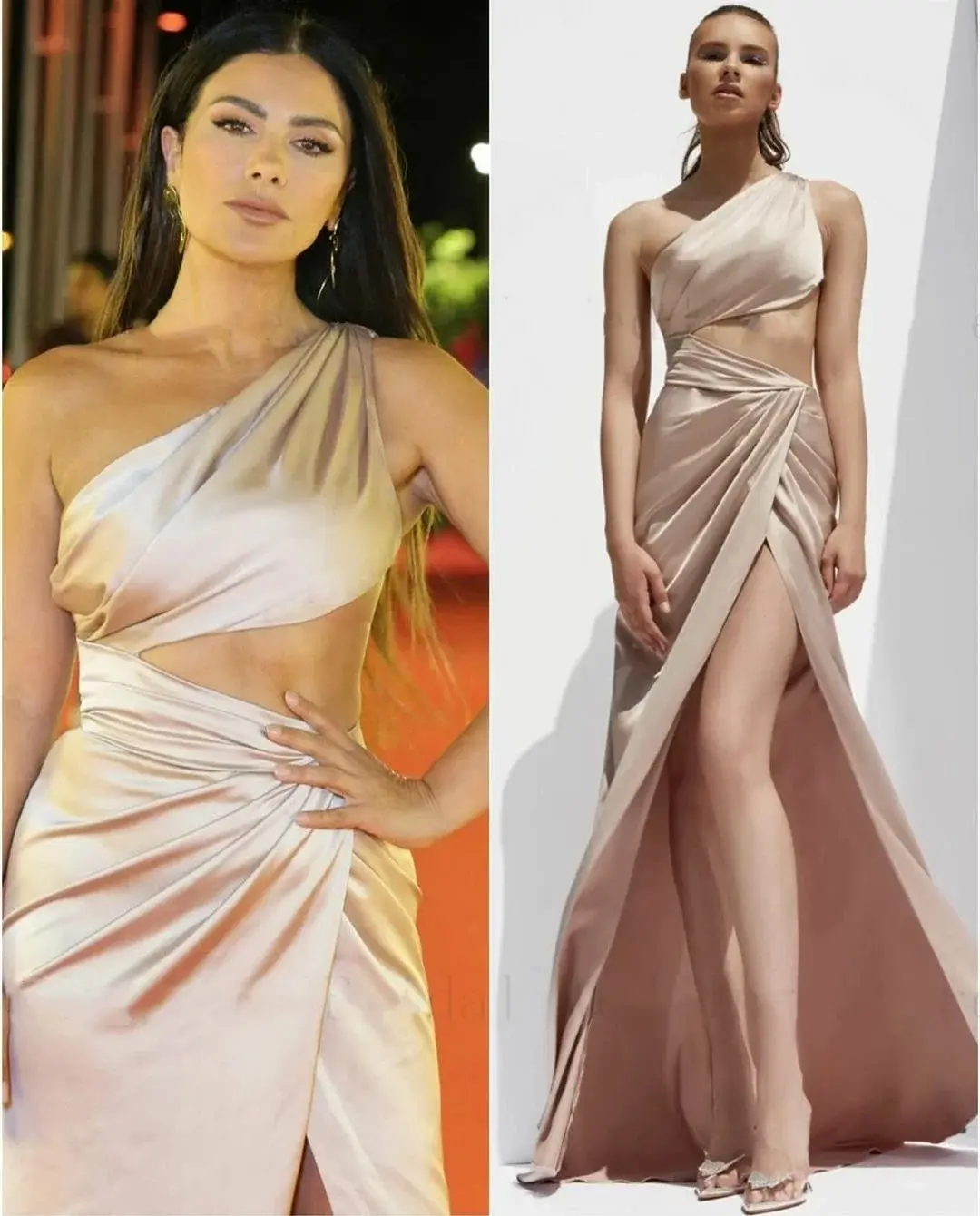 

Women's One Shoulder Prom Dresses For Girls Floor Length فساتين نسائيه Cut Out Waist Champagne Satin Celebrity Dress With Split