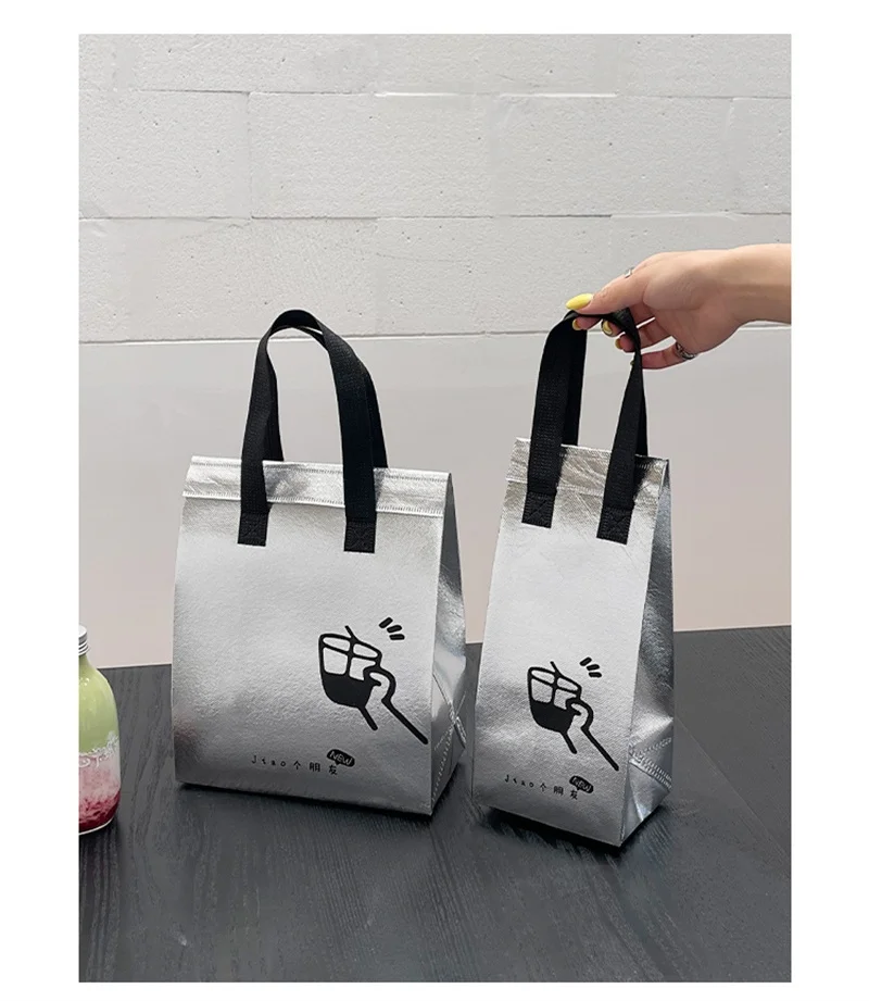 10pcs Silver Non-Woven Insulated Tote Bags, Reusable Fabric Pouches for Bread, Drinks, ... - SKU ITB01454 - UGI Packaging