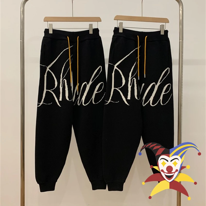 

Rhude Knitted Pants Men Women Jacquard Drawstring Black Rhude Sweatpants Streetwear Trousers Tags