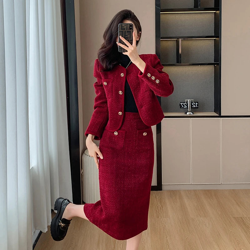 Red Tweed Jacket Red Blazer Skirt Set 2023 New Red Suit
