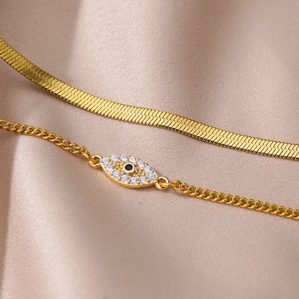 Zircon Evil Eye Anklets Gold Color Stainless Steel Double Snake Chain Anklet