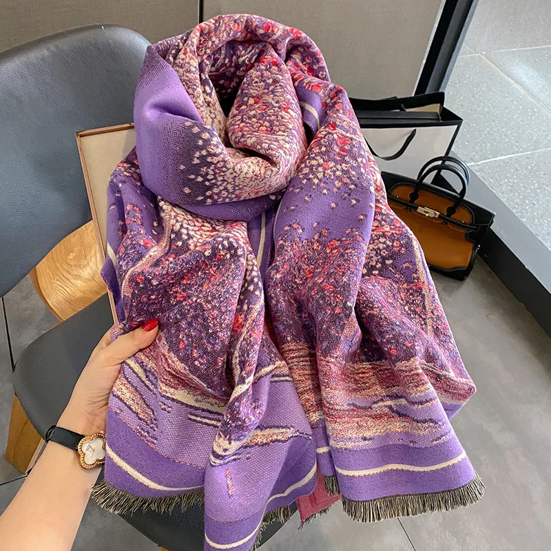 

New Purple Floral Tree Print Warm Thick Cashmere Scarf Women Soft Shawls Blanket Pashmina Winter Poncho Echarpe Tassels Bufandas