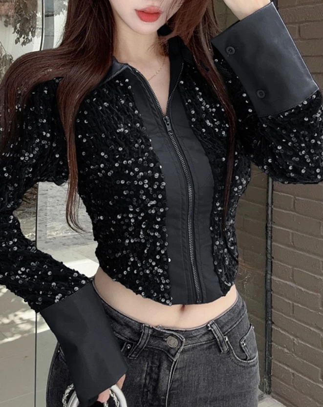 Women Commuting Female Clothes Contrast Sequin Zipper Design Patchwork Jacket Winter Women's Fashion Long Sleeve Skinny Coat sequin design men jacket sequined stand collar men s baseball uniform style jacket for club stage streetwear for night for men
