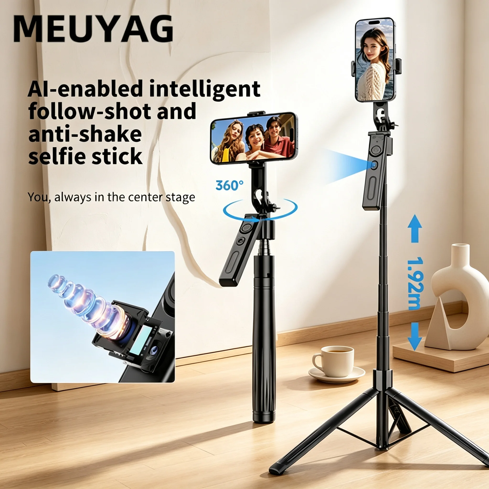 360° AI Face Tracking Selfie Stick Tripod, Gesture Control Auto-Follow Phone Stand with One-Click Pop-Up Design, 1/4" Interface