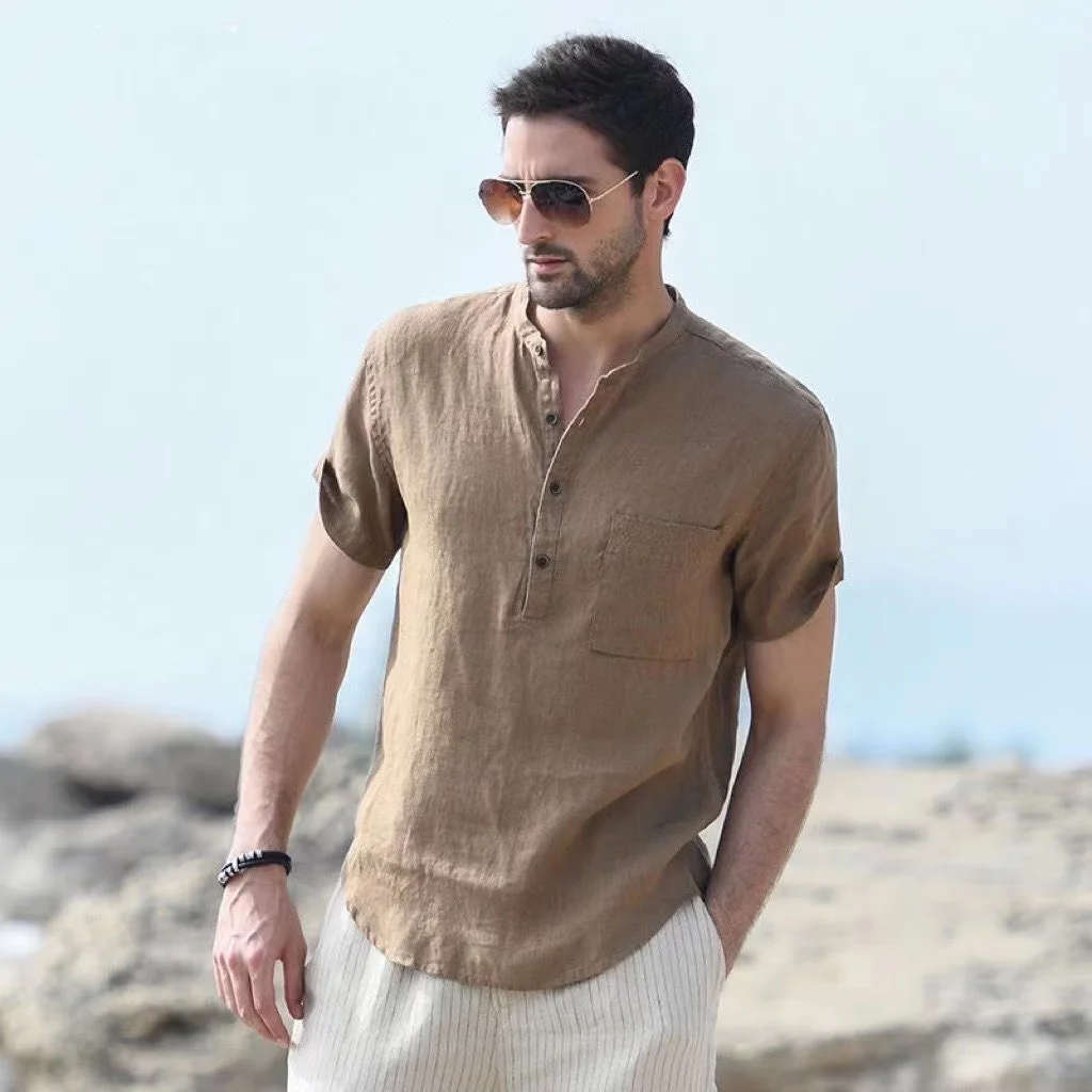 2024 Men's Summer Light Breathable Short Sleeved Linen Shirt Loose Stand Collar Thin Top Vintage Casual Cotton Shirt Male Beach