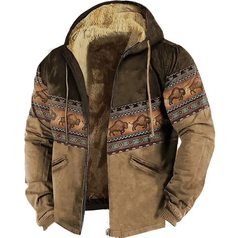Men's Zipper Hoodies Tribal Graphic Bison Pattern Print Winter Clothing Long Sleeve Sweatshirt Casual Hooded Jacket Outerwear