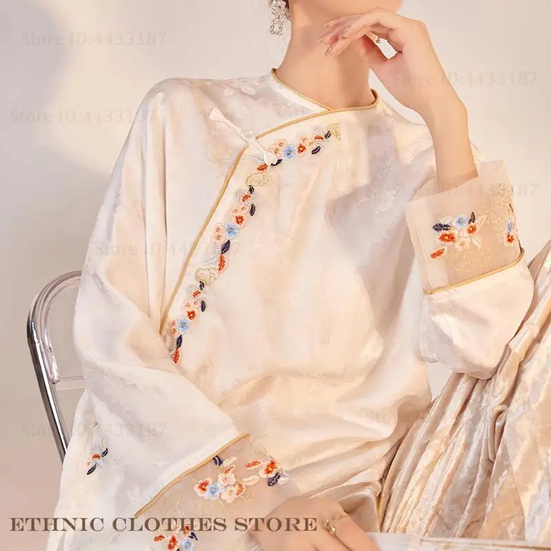 New Chinese Style Female Tang Clothes Tops Retro Slant Collar Embroidery Hanfu Shirt Blouse Spring Summer Satin Outwear Qipao