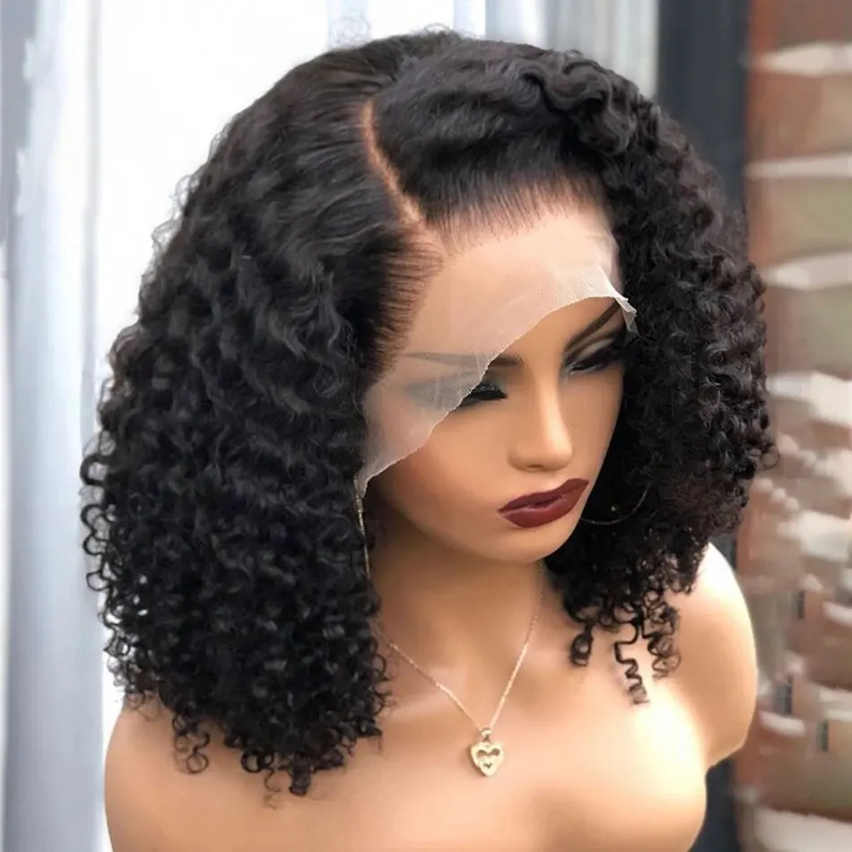 

Deep Wave 180% Density Synthetic Human Hair Pre-Plucked Side Part Short Bob 13*4 Lace Frontal Wigs for Black Woman