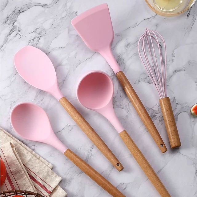 1Pcs Mint Green Silicone Cooking Utensils Set Non-Stick Spatula Shovel  Wooden Handle Cooking Tools Set Kitchen Tool Accessories