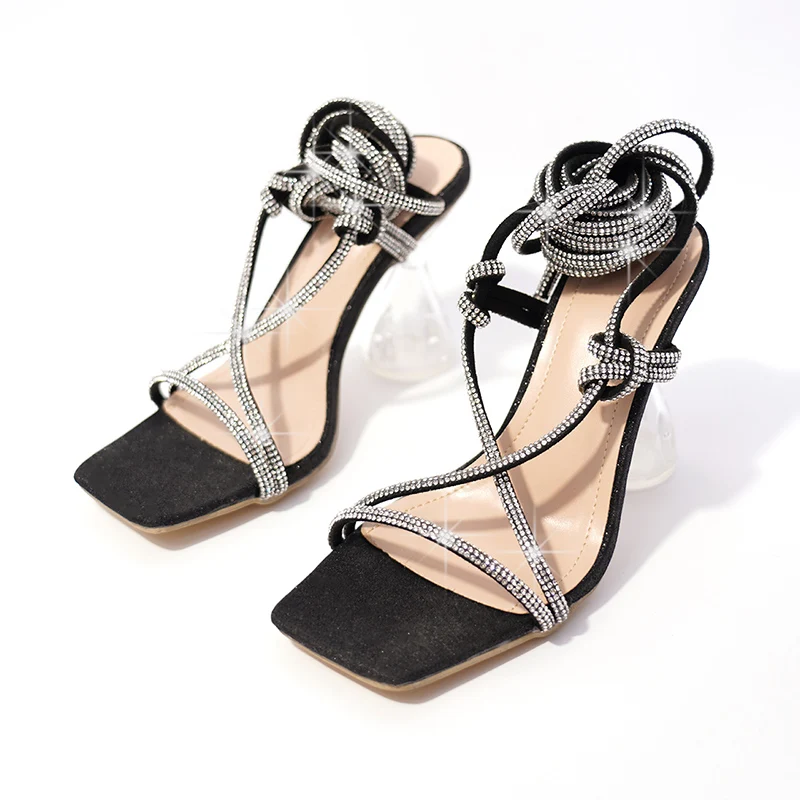 Sandálias Kcenid-Knee High Cross Strap para mulheres, strass glitter, saltos transparentes estranhos, toe quadrado, sapatos femininos, verão, novo