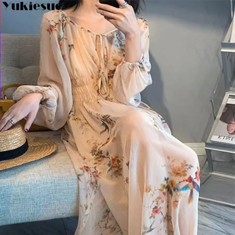 

Korean Fashion 2023 New Summer Chiffon Elegant Floral Midi Dress Woman Party Beach Style Long Sleeve Dress Boho One Piece Dress