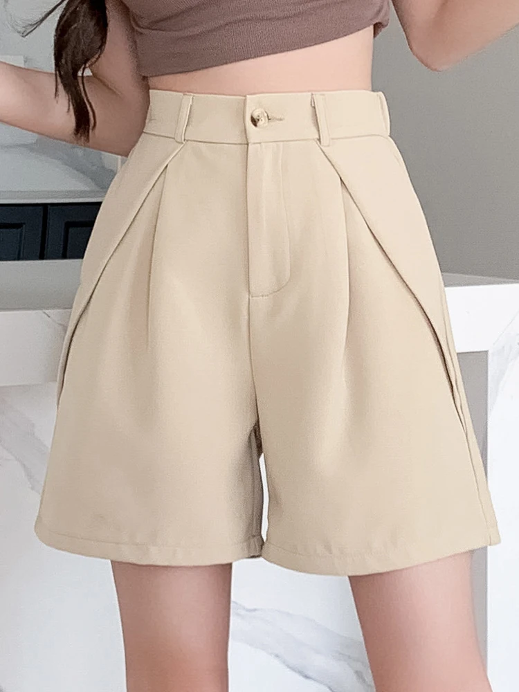 

S-XXL Chic Design Khaki Black Shorts High Waist Elastic Waist Shorts Fashion Pocket Wide Leg Shorts Elegant Office Lady